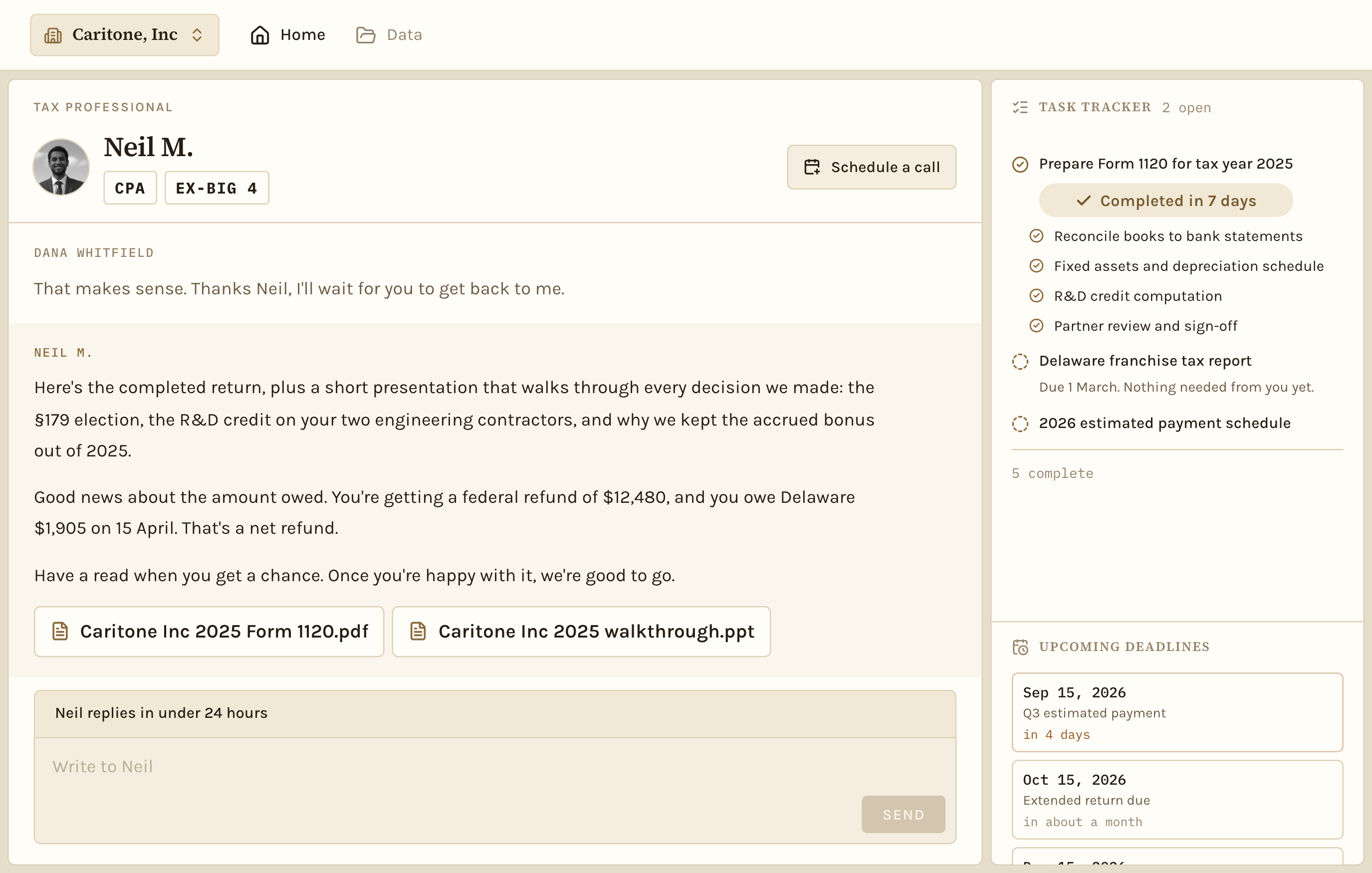 The Valim client portal: Neil M., CPA and ex-Big Four, on the Caritone, LLC Form 1120 engagement, with the task tracker, the message thread and the composer.